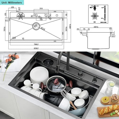 33 Inch Drop In Waterfall Kitchen Sink Black-iAnomla 33x19 Black Kitchen Sink Drop In Top Mount Modern Sinks with Cup Washer 16 Gauge Single Bowl Deep Multifunctional Smart Sinks and Faucet Combo