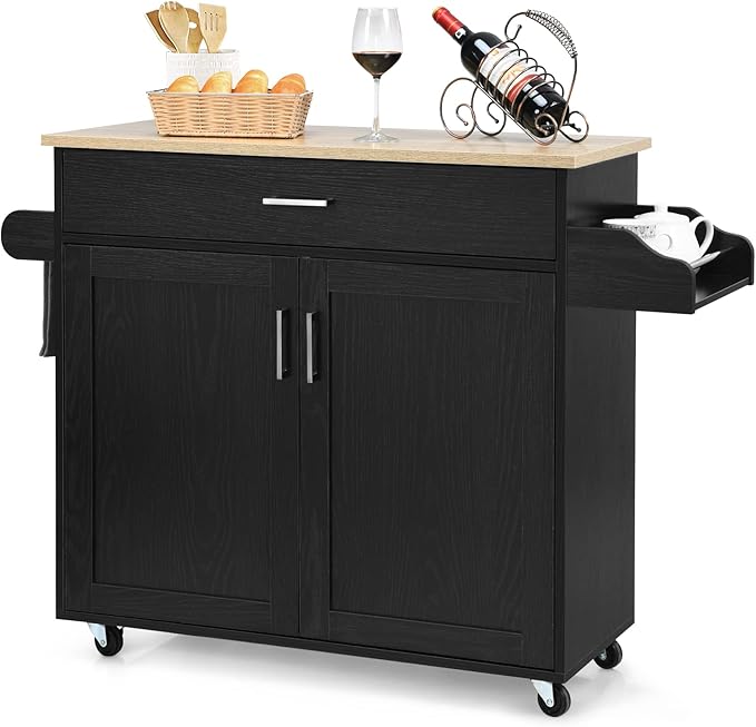 PETSITE Kitchen Island Cart with Storage Cabinet on Wheels, Spice Rack Towel Rack & Drawer (Black)