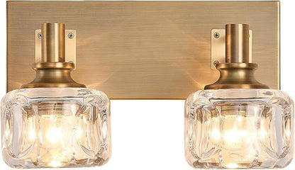 Bathroom Vanity Lights 13.4" Vintage Crystal Glass Vanity Light 2 Lights Brass Antique Bathroom Light Fixtures(7.7pounds)