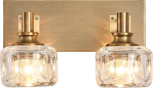 Bathroom Vanity Lights 13.4" Vintage Crystal Glass Vanity Light 2 Lights Brass Antique Bathroom Light Fixtures(7.7pounds)