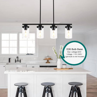 Kitchen Island Pendant Light,4-Light Dining Room Light Fixtures Over Table Vintage Black Flush Mount Ceiling Hanging Lighting with Glass Shade for Kitchen Island Dining Living Room