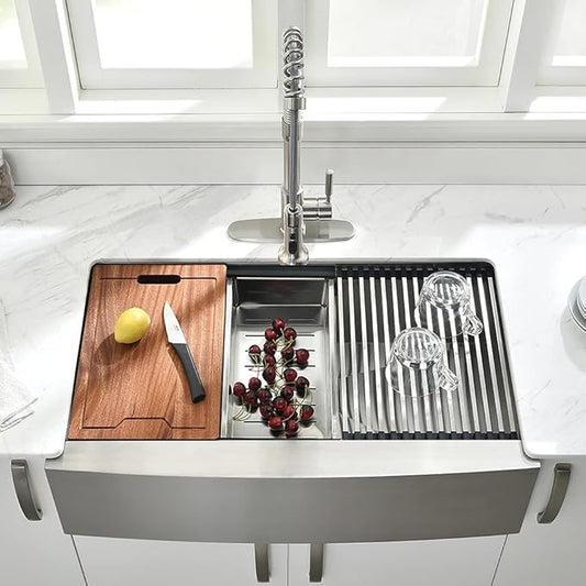 33Inch Farmhouse Sink Workstation -VOKIM 33"x22" Apron Front Kitchen Sink Single Bowl 16 Gauge Stainless Steel Kitchen Farm Kitchen Sinks with Accessories