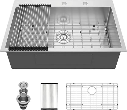33x22 Drop In Kitchen Sink - Couoko 33 Inch 16 Gauge T304 Stainless Steel Drop In Sink Large Deep Handmade Single Bowl Kitchen Sinks with Accessories, 33"x22"x9"