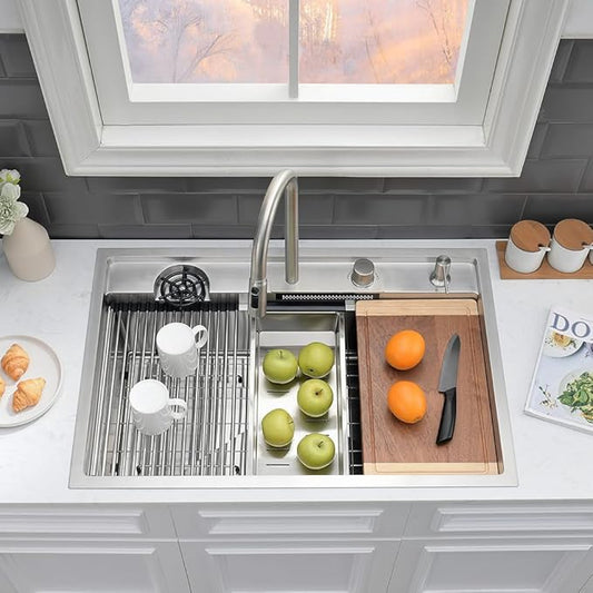 33 Inch Drop In Kitchen Sink Workstation-VASOYO 33x22 Waterfall Kitchen Sink Drop In Stainless Steel Topmount Kitchen Sink 16 Gauge Single Bowl Deep Smart Sinks with Faucet Combo