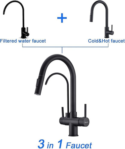 TUTEW Matte Black Kitchen Faucet with Pull Down Sprayer, Black Kitchen Sink Faucet with Drinking Water Faucet,2 Handle 3 in 1 Water Filter Purifier Faucets
