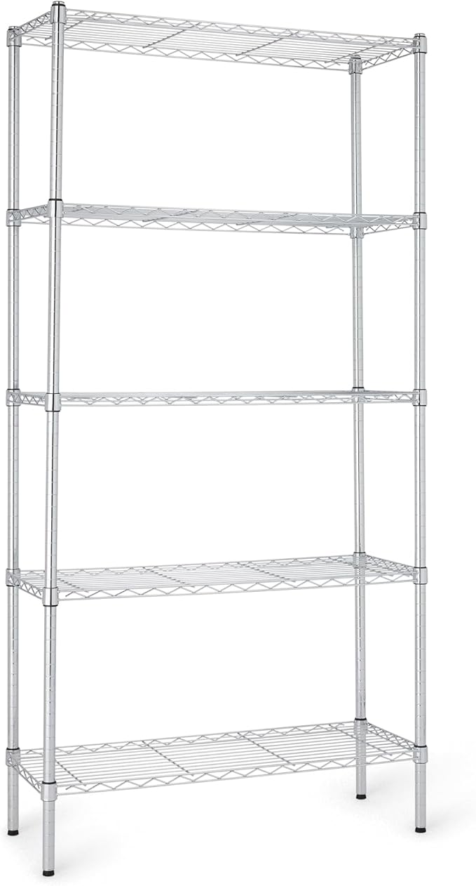 Basics 5-Shelf Adjustable Heavy Duty Steel Wire Rack, Space Saving Storage Shelving Organizer for Kitchen, Garage, No-Tool Assembly, 350 lbs Weight Capacity, 36" x 14" x 72", Chrome