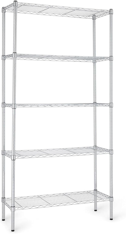 Basics 5-Shelf Adjustable Heavy Duty Steel Wire Rack, Space Saving Storage Shelving Organizer for Kitchen, Garage, No-Tool Assembly, 350 lbs Weight Capacity, 36" x 14" x 72", Chrome