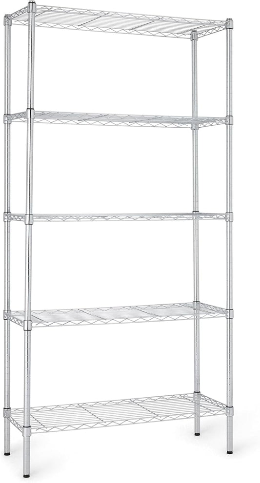 Basics 5-Shelf Adjustable Heavy Duty Steel Wire Rack, Space Saving Storage Shelving Organizer for Kitchen, Garage, No-Tool Assembly, 350 lbs Weight Capacity, 36" x 14" x 72", Chrome