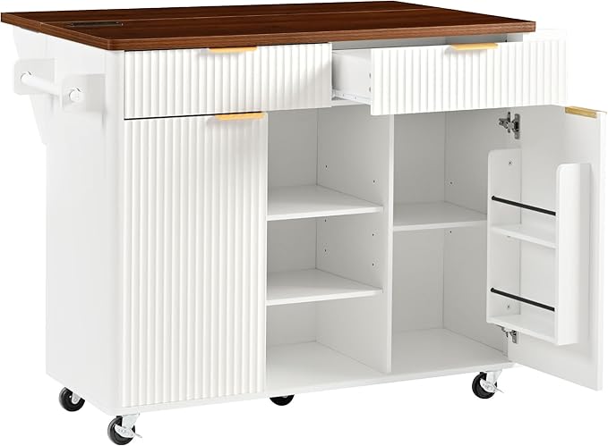 Modern Dining Table Kitchen Island with Drop, Power Outlet, Cart with Shelves, 2 Doors 2 Drawers, Rolling Table for Kitchen Living Room,White-MDF