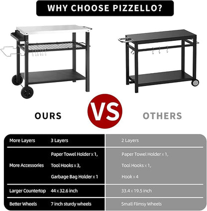 Kendane Grill Cart Table with Three Shelf, Movable Outdoor Dining Cart Pizza Oven Stand with Three Hooks, Kitchen Cart Island Multifunction Food Prep Table (Sliver)