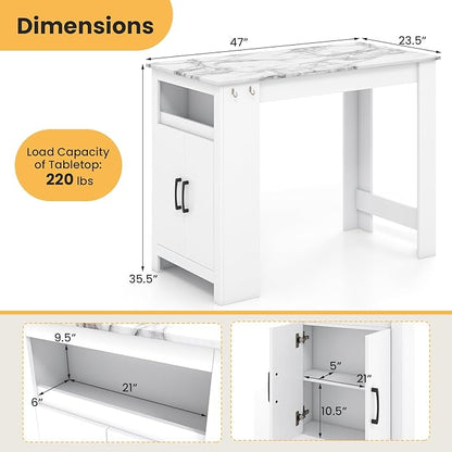 Giantex Counter Height Dining Table with 7 Hanging Hooks, Compartment, Cabinet & Adjustable Shelf, Faux Marble Tabletop, Bar Table for Pub Kitchen Small Space (White, 47"x23.5"x35.5")