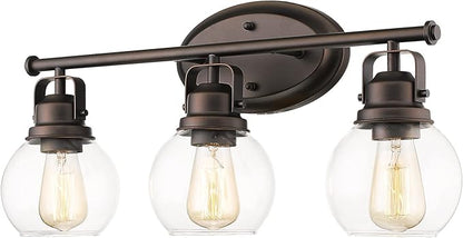 Farmhouse Bathroom Vanity Light, 3-Light Wall Mounted Vanity Lighting Fixture Over Mirror, Metal Frame with Globe Clear Glass, Oil Rubbed Bronze, AD-2148-3W