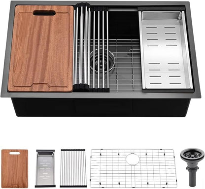 30 Inch Undermount Kitchen Sink Black-Bokaiya 30x19 Black Stainless Steel Undermount Workstation Sink 16 Gauge 10 Inch Deep Single Bowl Kitchen Sink with Cutting Board& Drainer