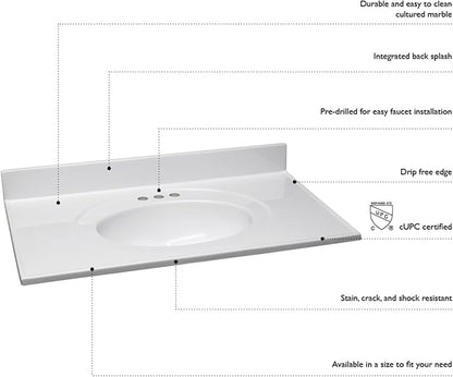 Design House 586271 Cultured Marble 25-inch Vanity Top with Integrated Oval Bowl, 4 Centerset, White on White