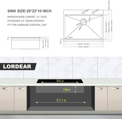Lordear Kitchen Sink Drop In 28x22 Topmount 16 Gauge Stainless Steel Single Bowl Ledge Workstation Kitchen Sink Basin