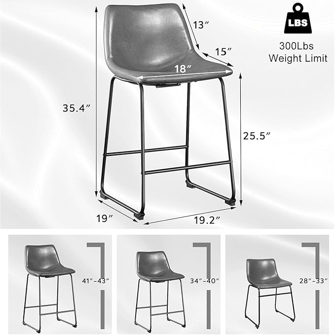 LEMBERI 26 inch Bar Stools Set of 2, Modern Counter Height Bar Stools, Faux Leather Barstool with Back and Metal Leg, Armless Bar Chairs for Kitchen Island (Grey, 2pcs 26")