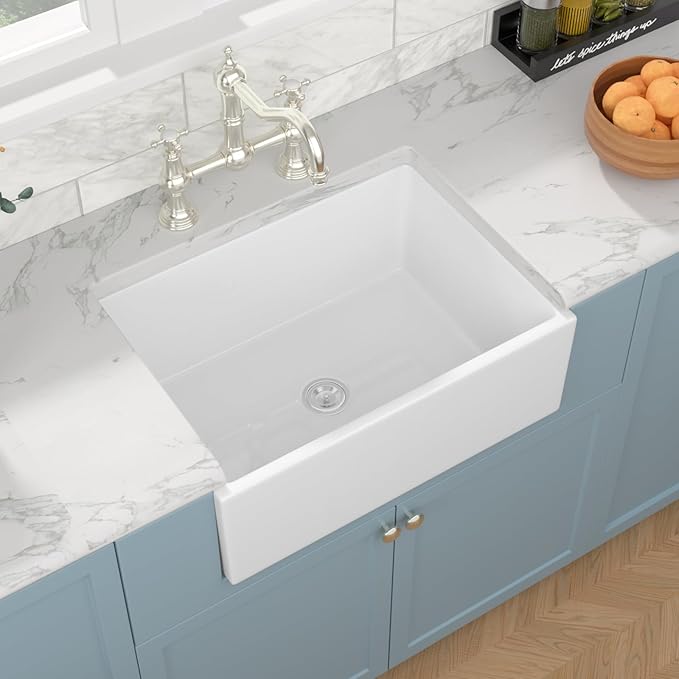 Sarlai 28 White Farmhouse Sink - 28x20 Inch Kitchen Sink Apron Front Ceramic Porcelain Vitreous Fireclay Single Bowl Farmer Sinks Basin