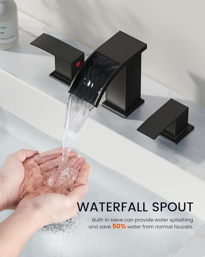 gotonovo Waterfall 8 inch Widespread Bathroom Faucet Set Bathroom Sink Faucet 3 Hole 2 Handle Vanity Lavatory Deck Mount with Pop Up Drain and Water Supply Lines Square Body Matte Black