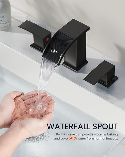 gotonovo Waterfall 8 inch Widespread Bathroom Faucet Set Bathroom Sink Faucet 3 Hole 2 Handle Vanity Lavatory Deck Mount with Pop Up Drain and Water Supply Lines Square Body Matte Black