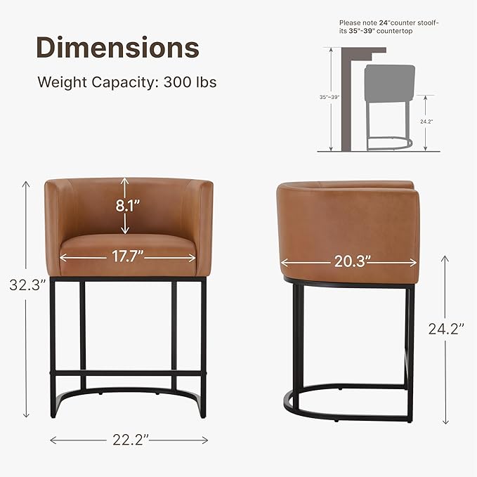 24" Counter Height Bar Stools Set of 4, Modern Barrel Counter Stools with Backrest and Arms, Faux Leather Upholstered Accent Barstools with Metal Legs for Kitchen Island,Brown