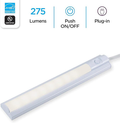 Enbrighten 10 Inch LED Premium Under Cabinet Light Fixture, Plug-In, Bright White 3000K, 275 Lumens, Plastic Housing, On/Off Switch, Perfect for Kitchen, Home Office, Garage, Workbench & more, 26534