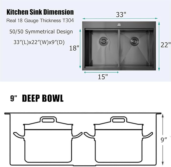 33x22 Double Bowl Kitchen Sink 33 Inch Black, Stainless Steel Drop in Double Basin Kitchen Sink, Topmonut 50/50 Kitchen Sinks Workstation Sink with Accessories