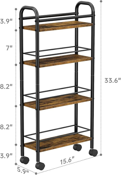 Asgolion Slim Storage Cart, 4-Tier Small Rolling Cart with Wheels, 5.9" Deep, Narrow Bathroom Shelf Trolley for Kitchen, Bathroom, Laundry Room, Rustic Brown Standard 4-Tier (5.9" W x 33.6" H)