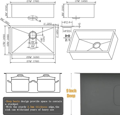 28 Inch Undermount Kitchen Sink Black, 28x18 Under Mount Gunmetal Black Stainless Steel 16 Gauge 9 Inch Deep Single Bowl Kitchen Sink with Strainer