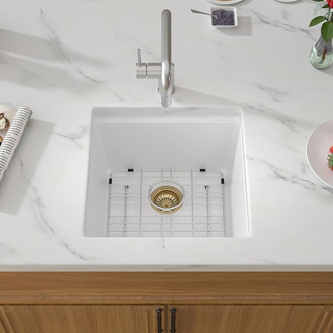 18 White Undermount Bar Sink- 18x18 Under Counter Wet Bar Prep Sink Granite Composite Quartz Workstation Sinks Quartz Natural Stone Not Easily Stained Single Bowl Small Kitchen Sinks
