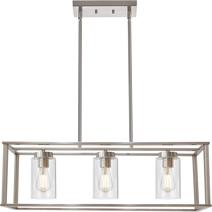 VINLUZ 3 Light Linear Chandeliers Brushed Nickel with Clear Glass Shade Modern Kitchen Island Pendant Dining Room Light Fixture Hanging Farmhouse Ceiling Light for Living Room Bar