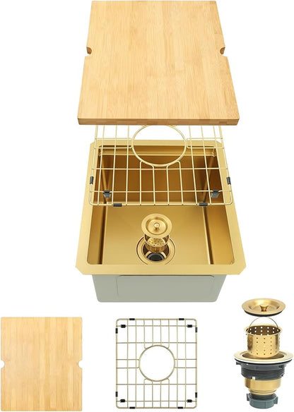 Gold Bar Sink, 16 Gauge T-304 Stainless Steel Undermount Kitchen Sink, 15 Inch Small Kitchen Sink with Accessories, 15" x 17" x 10" Single Bowl Workstation Sink For Wet Bar, Outdoor, RV