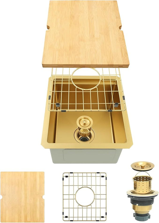Gold Bar Sink, 16 Gauge T-304 Stainless Steel Undermount Kitchen Sink, 15 Inch Small Kitchen Sink with Accessories, 15" x 17" x 10" Single Bowl Workstation Sink For Wet Bar, Outdoor, RV