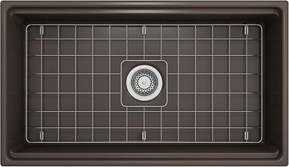 BOCCHI Contempo Workstation Apron Front Step Rim Fireclay 33 in. Single Bowl Kitchen Sink with Accessories in Matte Brown