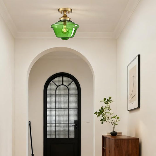 SAMTEEN Schoolhouse Light Fixtures Gold Ceiling Light 10-Inch Modern Green Glass Semi Flush Mount Ceiling Light Vintage Brass Hallway Light Fixtures for Bedroom Kitchen Entryway Living Room