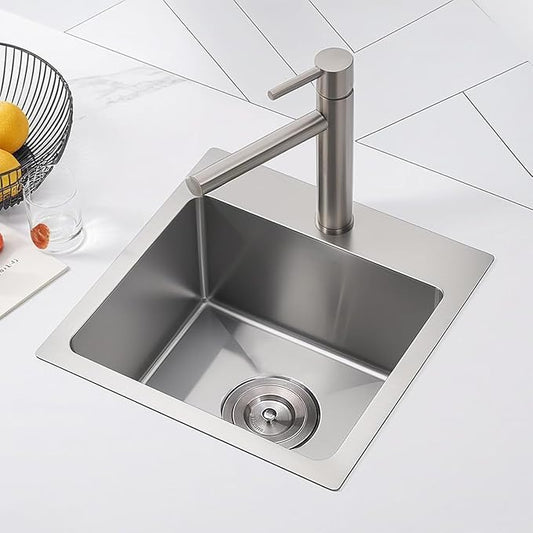 KINGO HOME Drop In Bar Sink,15 x 15 Inch Topmount RV 16 Gauge Stainless Steel Single Bowl Small Kitchen Sink,Outdoor Handmade Stainless Steel Wet Bar Perp Sink with Drain