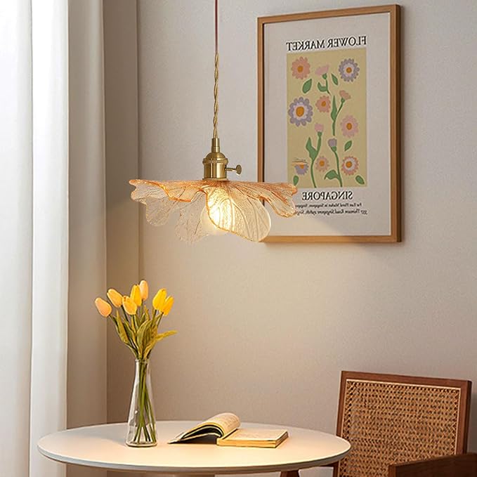 Amber Glass Pendant Lights for Dining Table Mid Century Flower Pendant Lamp with Blown Shade Vintage Gold Brass Adjustable Hanging Light for Kitchen Cabinets Bedroom entryway