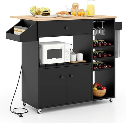Giantex Rolling Kitchen Island Cart with Drop Leaf, Power Outlet, Spice Rack, 12 Wine Rack, Glass Holder, Drawer, Storage Cabinet, Towel Rack, Island Table for Breakfast Coffee Bar (Black & Natural)