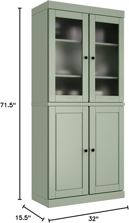Palace Imports 100% Solid Wood Kitchen Pantry w/ 2 Frosted Glass Doors &Bottom Wooden Storage Cabinet, Sage, 32" w x 71.5" h, Renewable Eco-Friendly Wood, Made in Brazil