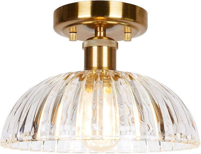 JYZ Semi Flush Mount Ceiling Light, Gold Ceiling Light Fixture with Brass & Ribbed Glass Shade, Vintage Light fixtures for Hallway, Entryway, Bathroom, Kitchen, Bedroom