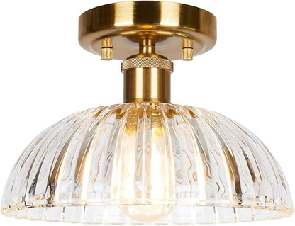 JYZ Semi Flush Mount Ceiling Light, Gold Ceiling Light Fixture with Brass & Ribbed Glass Shade, Vintage Light fixtures for Hallway, Entryway, Bathroom, Kitchen, Bedroom