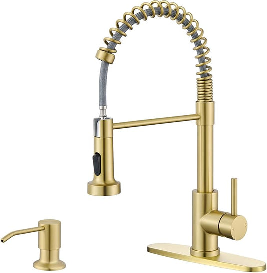 Brushed Gold Kitchen Faucet with Soap Dispenser, High Arc Single Handle Spring Stainless Steel Faucet for Kitchen Sink with Sprayer, Utility Ideal for Farmhouse RV Laundry Commercial & Camper