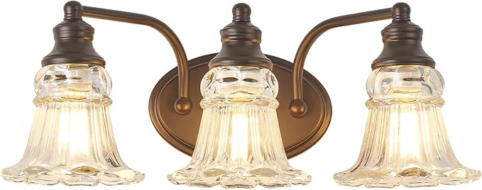 3-Light Bathroom Light Fixtures Over Mirror, Vintage Vanity Lights with Clear Floral Glass Shades, Oil Rubbed Bronze
