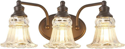 3-Light Bathroom Light Fixtures Over Mirror, Vintage Vanity Lights with Clear Floral Glass Shades, Oil Rubbed Bronze