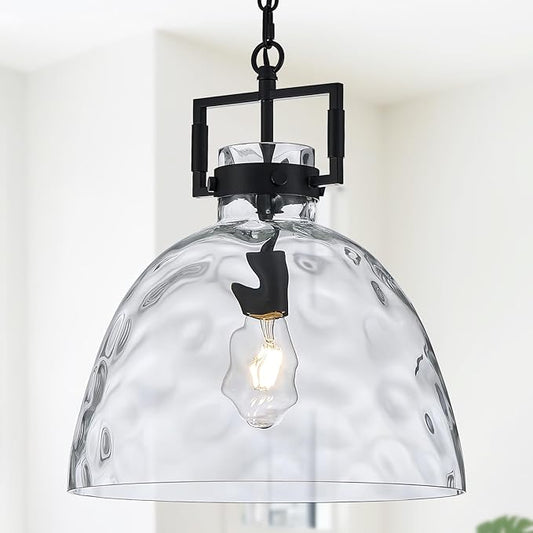 Glass Pendant Light, 13.8 Inch Single Hanging Ceiling Light with Adjustable Chain, E26 Base Oversized Hammered Clear Glass Kitchen Island Pendant Lighting in Matte Black for Dining Room, Entryway