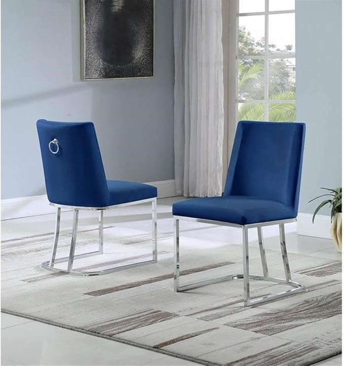 Modern Chairs Set of 2, Chrome Side Chairs & Counter Stools with Ring Pull Back, Luxury Upholstered Chairs for Kitchen Island, Dining Room & Home Bar (Velvet, Navy Blue/Silver, Side Chair)