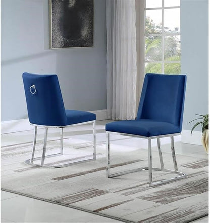 Modern Chairs Set of 2, Chrome Side Chairs & Counter Stools with Ring Pull Back, Luxury Upholstered Chairs for Kitchen Island, Dining Room & Home Bar (Velvet, Navy Blue/Silver, Side Chair)