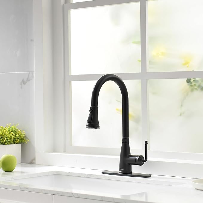 Kitchen Faucet with Pull Down Sprayer, 17 inch Matte Black Antique Single Handle Pull Out Kitchen Sink Faucet with Deck Plate for Classic Modern Ktichen