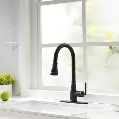 Kitchen Faucet with Pull Down Sprayer, 17 inch Matte Black Antique Single Handle Pull Out Kitchen Sink Faucet with Deck Plate for Classic Modern Ktichen