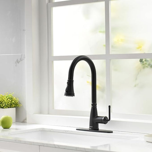 Kitchen Faucet with Pull Down Sprayer, 17 inch Matte Black Antique Single Handle Pull Out Kitchen Sink Faucet with Deck Plate for Classic Modern Ktichen