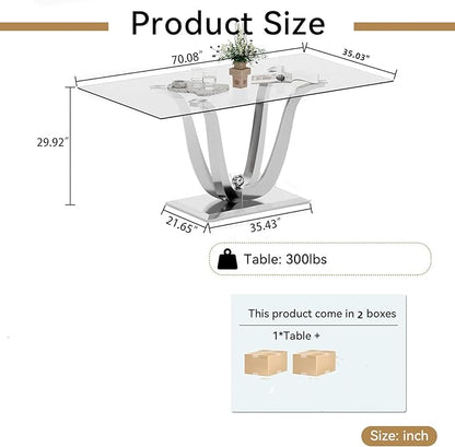 Luxury Silver Glass Dining Table for 6-8 Modern 70-Inch Rectangular Kitchen & Dining Room Table with Double U-Shape Stainless Steel Base Large Clear Glass Top Dining Table for Home Office